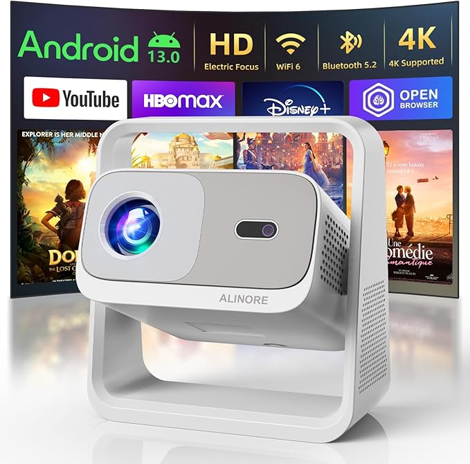 Smart Projector with WiFi and Bluetooth, Built-in Apps, Electric Focus & Auto Keystone Portable Outdoor Projecor, Native 1080P Projector 4K Support, Movie Projector for Home Theater (White)