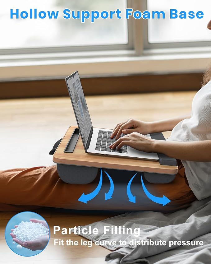 Portable Lap Desk, Laptop Stand for Bed with Soft Wrist Rest, Tablet/Phone Slot, Fabric Handle, Laptop Bed Desk with Cushion (Light Brown)