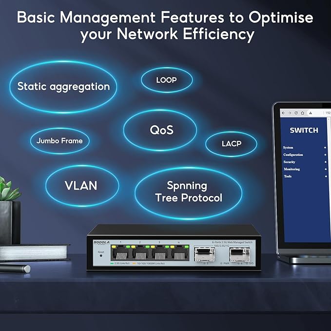 6 Port 2.5G Easy Web Managed Switch, 4 x 2.5G Base-T Ports, 2 x 10G SFP+, Static Aggregation,QoS/VLAN/IGMP, 2.5Gb Network Homelab Switch