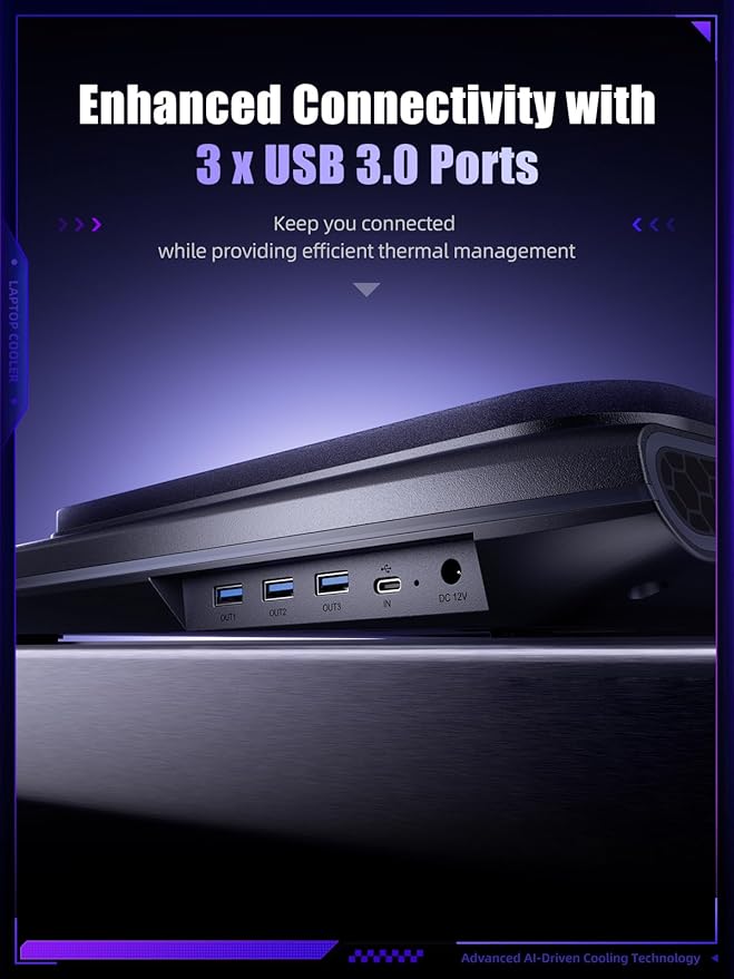 llano V12 Ultra Laptop Cooling Pad with Smart Software Control, RGB Gaming Laptop Fan Cooler Stand, 5.5" Turbo Fan, Adjustable Speed, 3*USB 3.0 Ports, 3 Height Stands, for 15.6"-19" Laptops, Black