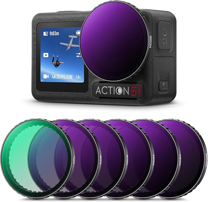 K&F Concept Push-in Fit CPL ND Filter Compatible with DJI Osmo Action 5 Pro, 6 Pack CPL ND8 ND16 ND32 ND64 ND256 Polarizer Neutral Density Filter for Osmo Action 4/Osmo Action 3, Multi Coated