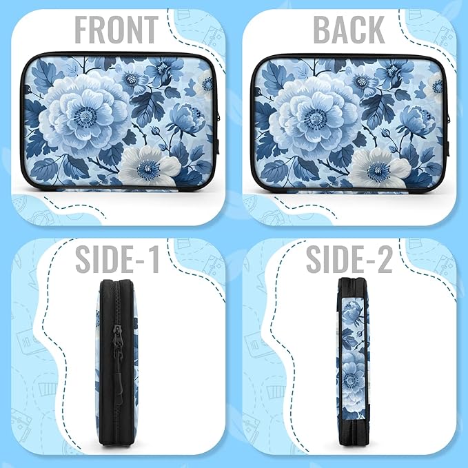 Blue Flowers Electronics Travel Organizer Case, Tech Accessories Cable Storage Bag for Cords, Charger, Phone, Hard Drive