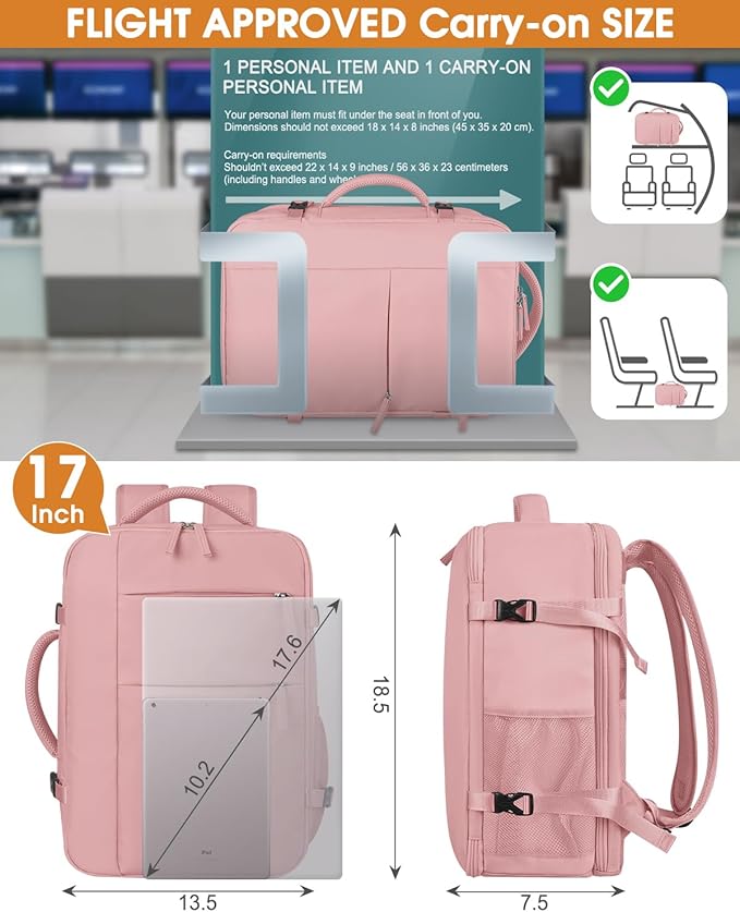 Capolo Travel Backpack for Women Men Waterproof Laptop Backpack Airlines Approved Carry On Backpack Bag Computer Bookbag for Business, Work, Traveling Fits 17 Inch Laptop(Pink)