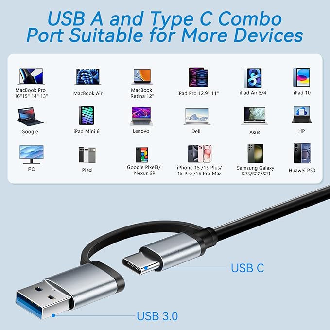 USB Hub,USB C Hub Multiport Adapter,8 in 1 USB-C Hub Extended 4 USB-A + 1 Type C Port,TF/SD Card Reader Slot,3.5mm Audio Output for iPhone 16 15,Laptop,PC,MacBook Pro Air,iPad