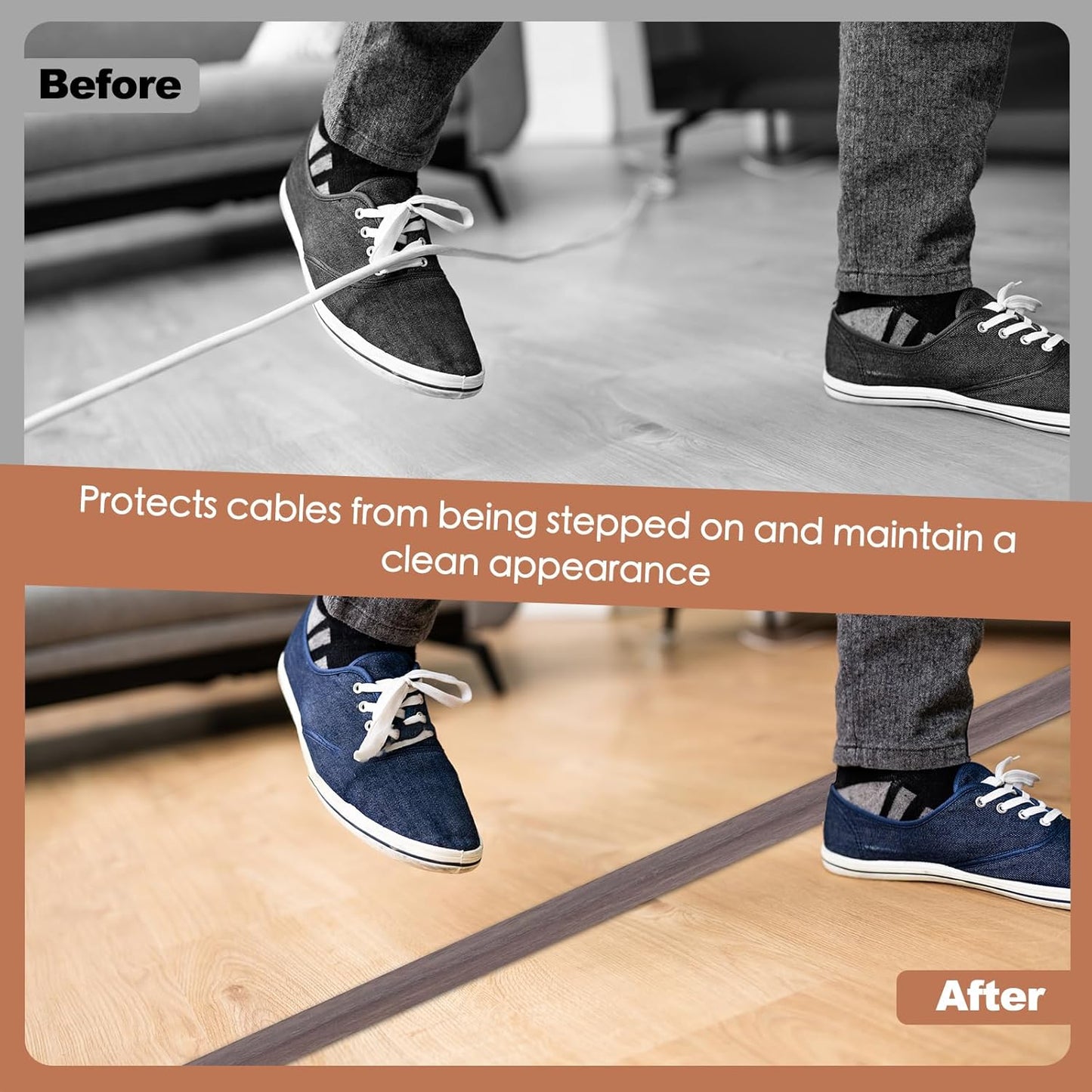 Floor Cord Cover for Wires on Floor Self Adhesive Cord Hider Floor Cable Management Wire Covers for Cords Protector Prevent Cable Trips Cord Cavity W 0.51" x H 0.31", Grayish Brown Wood, 20Ft