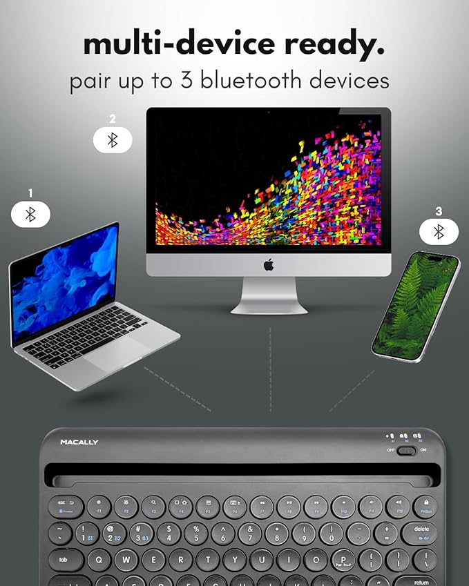 Macally Bluetooth Keyboard for Tablet | Wireless Keyboard for iPad mini/Air/Mini, iPhone (Multi-Device, Built-in Stand, Rechargeable) Easy to Use and Cute Portable