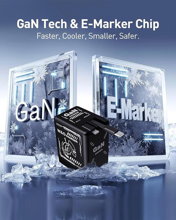 W & O 45W GaN Charger Fast Charger,Retractable Phone Charger Wall Plug with Lightening and Type-C Cables,for iPhone16/15/14/13/12/11 Series, Galaxy S25/24,Android and More（Black）