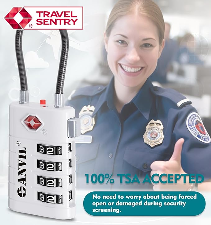 ANVIL 4 Digit Luggage Locks, TSA Locks for Luggage, Advanced TSA008 core, Alert Indicator for Your Travel Lock, Suitcase Lock. (2, White)