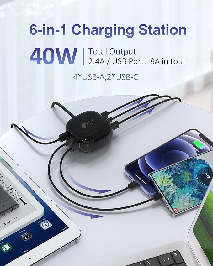 SUPERDANNY 6-Port USB Charger 8A, 40W Mini USB Charging Station, Charging Station for Multiple Devices, 4ft Cable, Compatible with iPhone, iPad, Galaxy, Pixel, for Travel, Cruise, Black