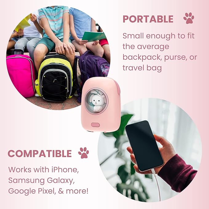 Cute Portable Charger/Power Bank | Compatible with iPhone, Galaxy, & Pixel | Doubles as a Rechargeable Hand Warmer | LED Display & Cute, Pet-Themed Design (Pink)