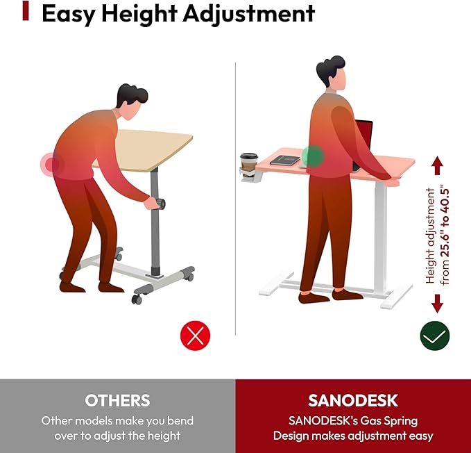 SANODESK Medical Adjustable Overbed Bedside Table with Hidden Casters, Pneumatic Mobile Laptop Computer Standing Desk Cart with Tray, Hospital and Home Use(27.6" W x 15.7" D, Pink)