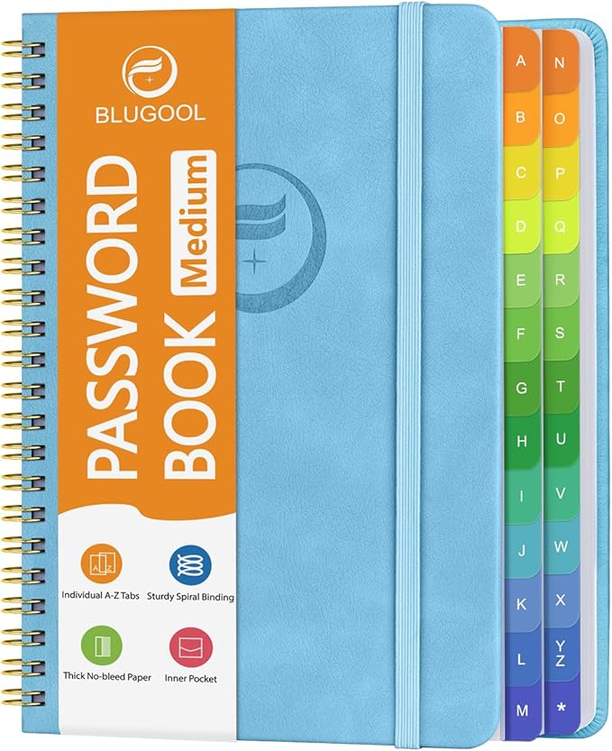 Password Book with Alphabetical Tabs, Password Keeper Book for Seniors, Individual & Colorful Tabs, Spiral Hardcover Password Notebook for Website Logins, 5.7" x 7.7", Blue