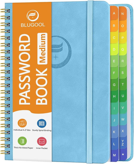 Password Book with Alphabetical Tabs, Password Keeper Book for Seniors, Individual & Colorful Tabs, Spiral Hardcover Password Notebook for Website Logins, 5.7" x 7.7", Blue