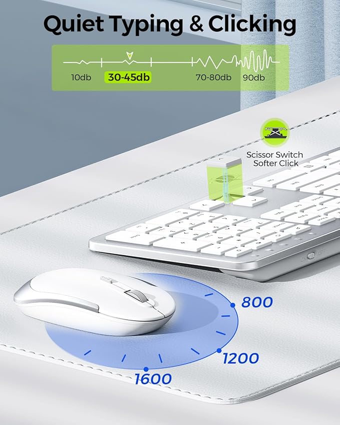 Wireless Keyboard and Mouse Combo - Full Size Slim Thin Wireless Keyboard Mouse with Numeric Keypad 2.4G Stable Connection Adjustable DPI (White & Silver)