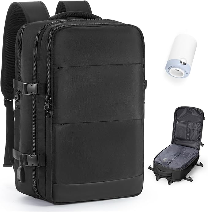 Vacuum Travel Backpack with Pump for Women, Personal Item Carry on Backpacks Flight Approved 18x14x8 inches for Men,Laptop Waterproof Work Compression bags Casual Daypack,Black.