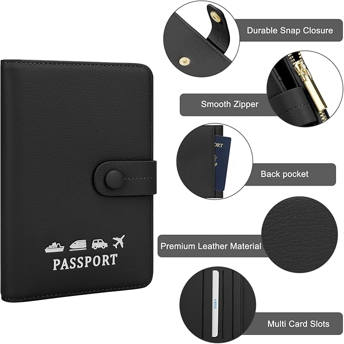 DOB SECHS Passport Holder Wallet for Women, Leather RFID Blocking Passport Cover Credit Cards Case Women Travel Accessories Organizer Pouch Bag with ID Window+Zippered Cash Pocket+SIM Slots, Black