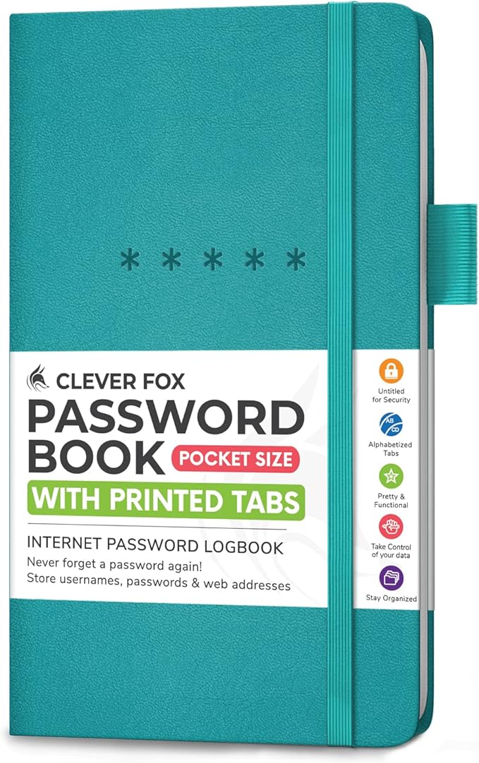 Clever Fox Password Book – Alphabetized Internet Address & Password Organizer - Computer & Website Password Keeper Notebook – Log-In Password Journal – Pocket, 6.2x3.5″, Hardcover (Turquoise)