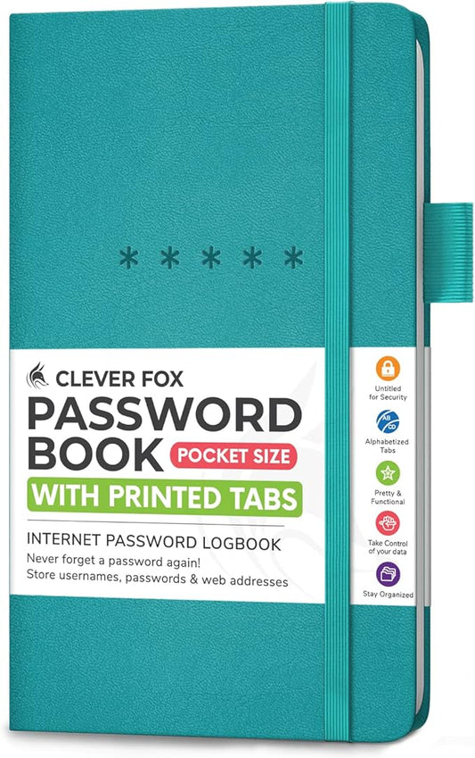 Clever Fox Password Book – Alphabetized Internet Address & Password Organizer - Computer & Website Password Keeper Notebook – Log-In Password Journal – Pocket, 6.2x3.5″, Hardcover (Turquoise)