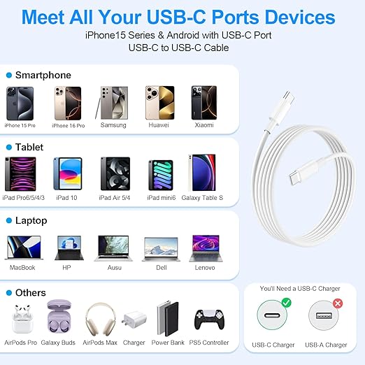 USB C Cable,3 Pack USB C to USB C Cable(3FT/6FT/10FT),60W Type C Charger Fast Charging Cord for iPhone 17 16 15 Pro/Plus/Pro Max,MacBook Pro,iPad Pro Air,Samsung S24/S24 Ultra