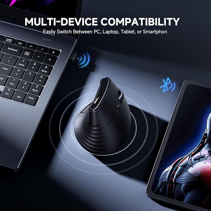 ECHTPower Ergonomic Vertical Mouse, Wireless Rechargeable Mouse with LED Display, 7-Level Adjustable DPI up to 8000, Silent & Programmable Buttons, Multi-Device Connection for PC/Mac/Laptop