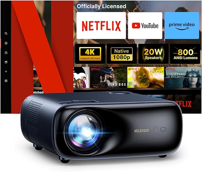 NexiGo PJ40 Ultra Outdoor Netflix Projector, Officially Licensed Netflix/YouTube/Prime Video, 800 ANSI Lumen, AI Image Enhancement, Native 1080p, 20W Speaker, 4K Support Video Projector, Auto Keystone