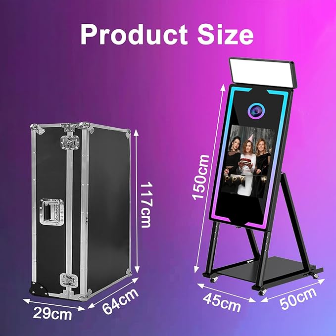 Mirror Photo Booth with Camera and Printer, 40" Magic Mirror Photo Booth, 22" Touch Screen Built-in Mini PC with Instant Print and Sharing, Music Sync Control RGB Light (Black, 45-22" Full Set)