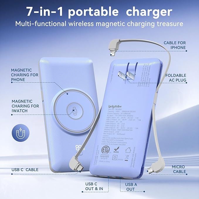 Magnetic 10000mAh Portable Charger for iWatch & iPhone, 22.5W USB C Fast Charging Wireless Power Bank Built-in Cables and Wall Plug, External Travel Battery Pack Compatible with iOS Android Devices