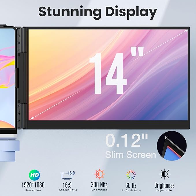 Laptop Screen Extender, 14-Inch Ultra-Thin & Lightweight, 1080P FHD Portable Travel Monitor, Plug & Play, Laptop Extended Monitor Portable for 13-17 Inch Laptops, Compatible with Win/Mac/Chrome/Linux