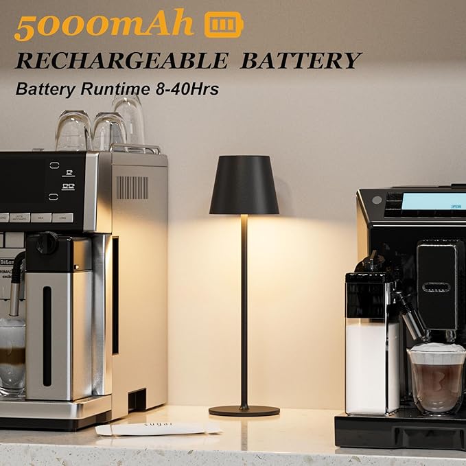Cordless Table Lamp Rechargeable Black - KK 2 Pack 5000mAH Battery Operated Lamp for Counter, 3 Color Stepless Dimming Waterproof LED Wireless Lamp for Dining Kitchen, Outdoor Patio, Touch Control