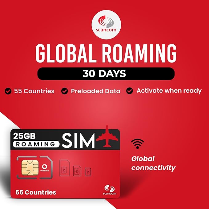 25GB Global Roaming Vodafone Data Sim Card - Perfect for Unlocked Devices - Activate When You Receive The SIM - Roaming for 30 Days in 55 Countries (Europe, USA & More)