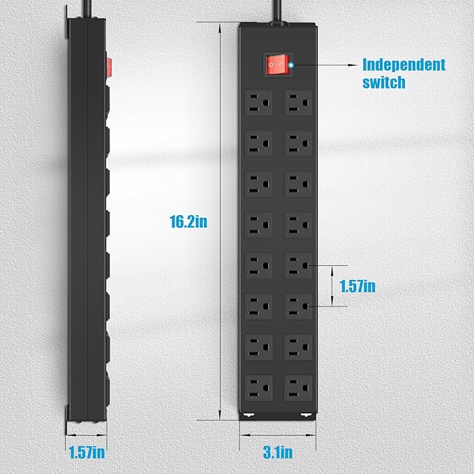 HHSOET Metal 16 Outlet Mountable Power Strip, Wall Mount Garage Workbench Socket, Gaming Table Surge Protector with 15 FT Power Cord.(Black)