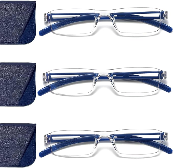 Viseng 3 pairs of reading glasses, blue light blocking glasses, computer reading glasses for men and women, fashionable rectangular one-piece glasses frame+3.5(Blue)