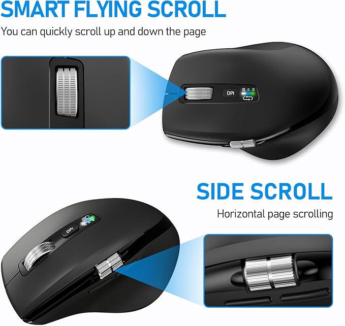Wireless Bluetooth Side Scroll Mouse with Multi-Device, Ergonomic Computer Mice with Smart Flying Scroll, Quiet Click for Computer, Laptop, iPad, Tablet, MacBook (Black)