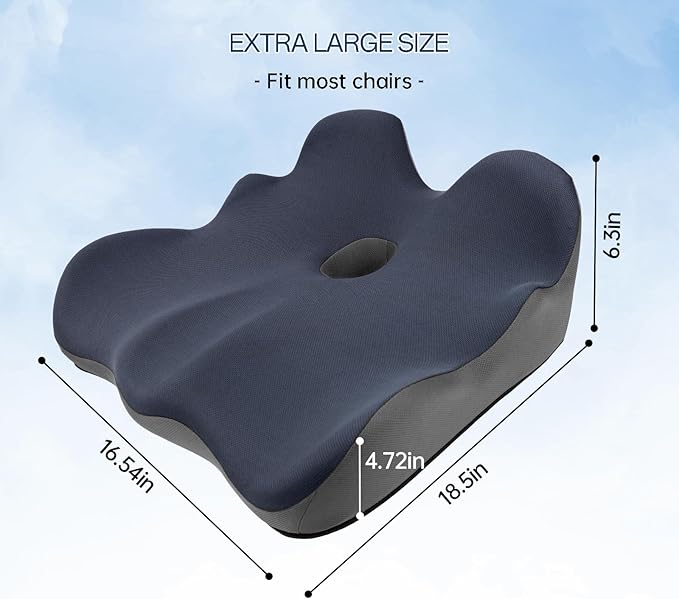 Seat Cushion, X-Large Memory Foam Office Chair Cushion, for Pressure Relief Sciatica & Pain Relief for Long Sitting Hours on Office/Home Chair, Car (Blue)