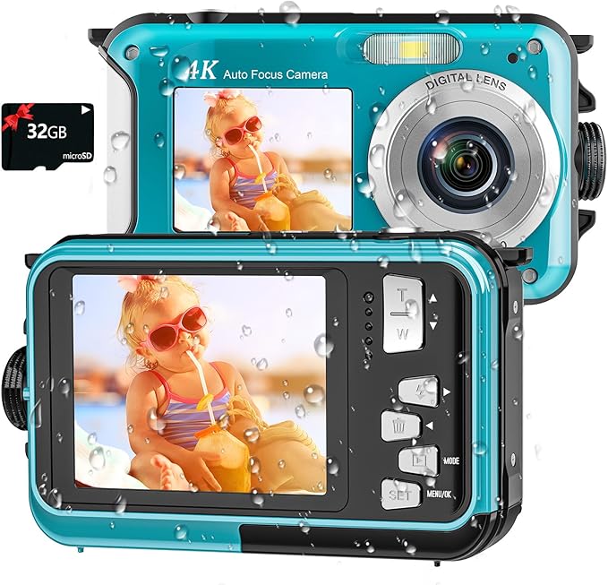 4K Underwater Camera 11FT Waterproof Camera with 32GB Card 56MP Autofocus Dual-Screen Selfie Underwater Camera for Snorkeling Waterproof Compact Floatable Digital Camera 1250mAh Battery Type-C (Blue)