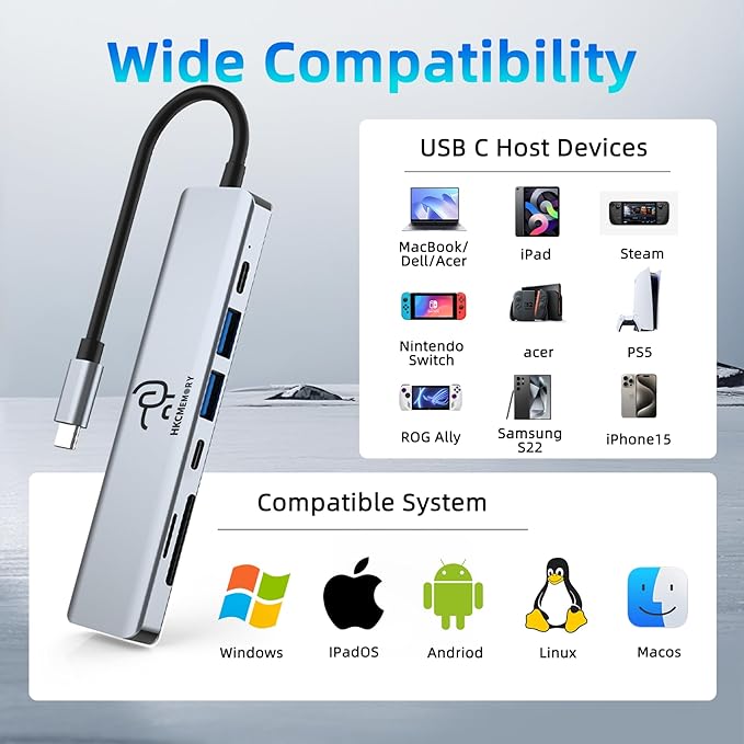 USB C Hub 7-in-1, 4K HDMI, 100W PD Charging, USB 3.0/2.0 Ports, SD/TF Reader, USB-C Data, for MacBook Pro/Air, iPad Pro, iPhone 16 Pro/Pro Max, Dell XPS, Steam Deck
