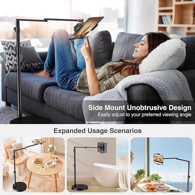 elitehood Adjustable Tablet Floor Stand with Heavy Duty Base, 24in Horizontal Long Arm iPad Floor Stand Holder for Bed Recliner Sofa, Compatible with iPad mini Air Pro 13/12.9 and 4.7-13in Devices