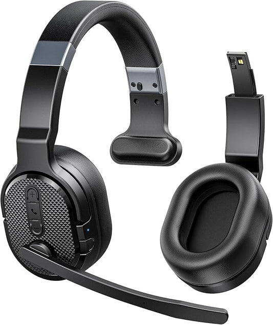 Trucker Bluetooth Headset, Wireless Headsets with Noise Cancelling Microphone, 50+Hrs HD Talktime Bluetooth Headphones with Detachable Earpad/Single+Dual Mode for Office/Driving/Home