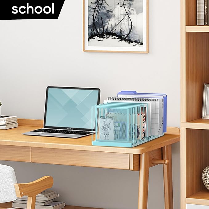 9-Section Desk File Organizer, Vertical File Holder, Mesh Desktop File Folder Metal File Organizer Stand for Office Home Classroom, Blue