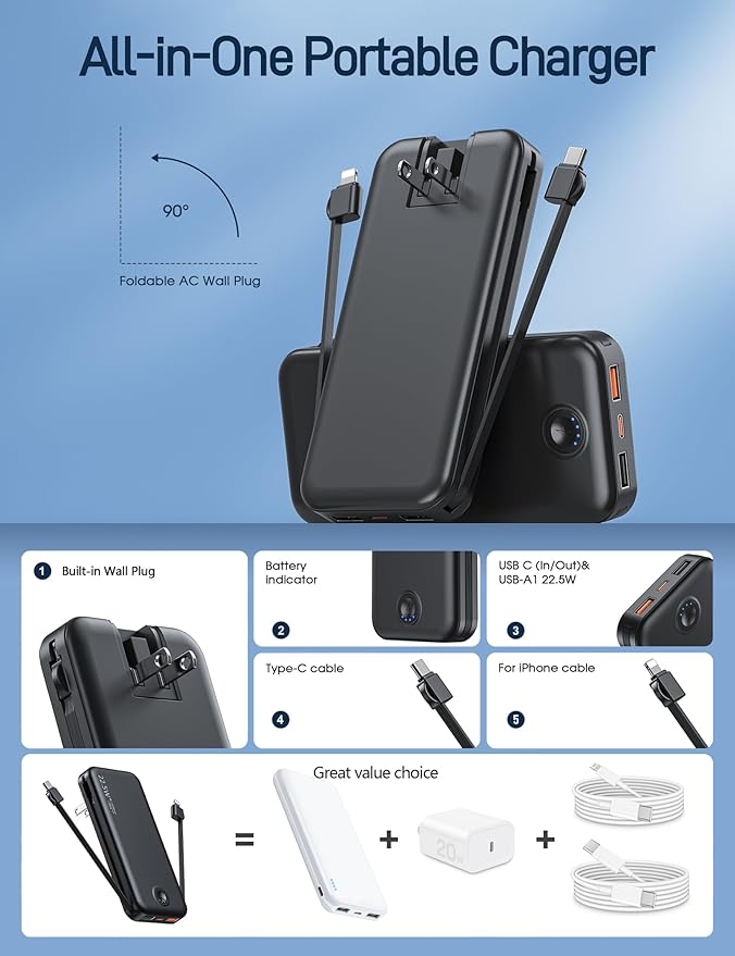 Portable Charger with Built in Cable and AC Wall Plug, USB C Power Bank 12000mAh 22.5W Super Fast Charging, Lightweight Portable Phone Charger Travel Battery Pack for iPhone, ect
