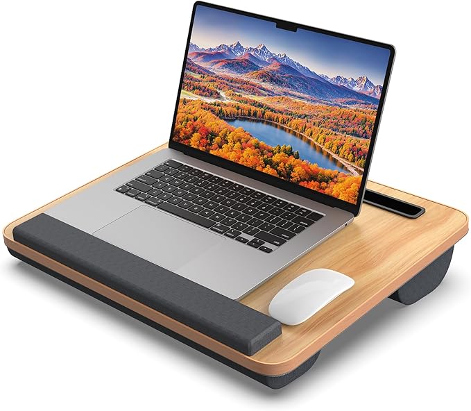 Portable Lap Desk, Laptop Stand for Bed with Soft Wrist Rest, Tablet/Phone Slot, Fabric Handle, Laptop Bed Desk with Cushion (Light Brown)