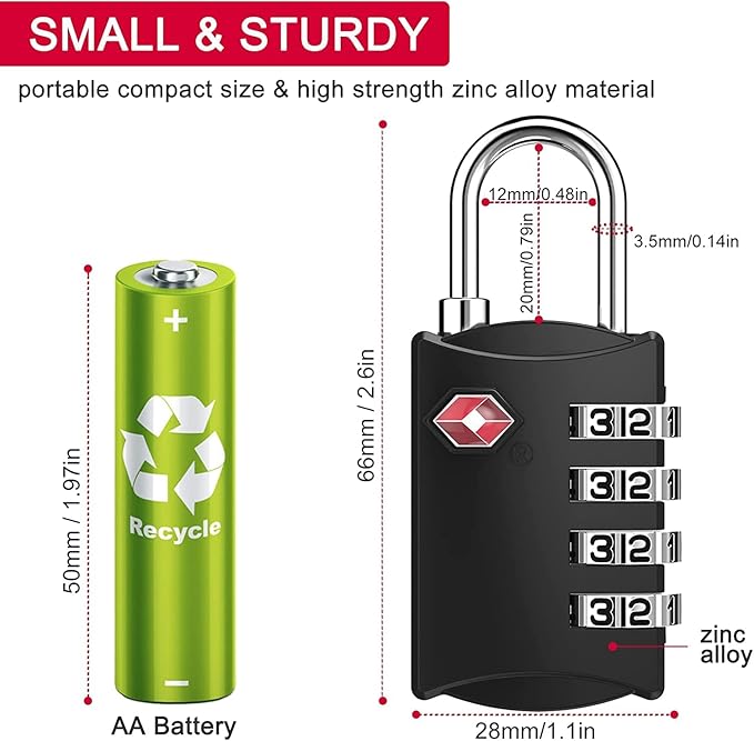 ZHEGE Travel Locks, TSA Approved Locks for Luggage, Baggage, 4 Digit Combination Zipper Padlocks for Backpack, Tent, Gym Locker (2 Pack, Black)