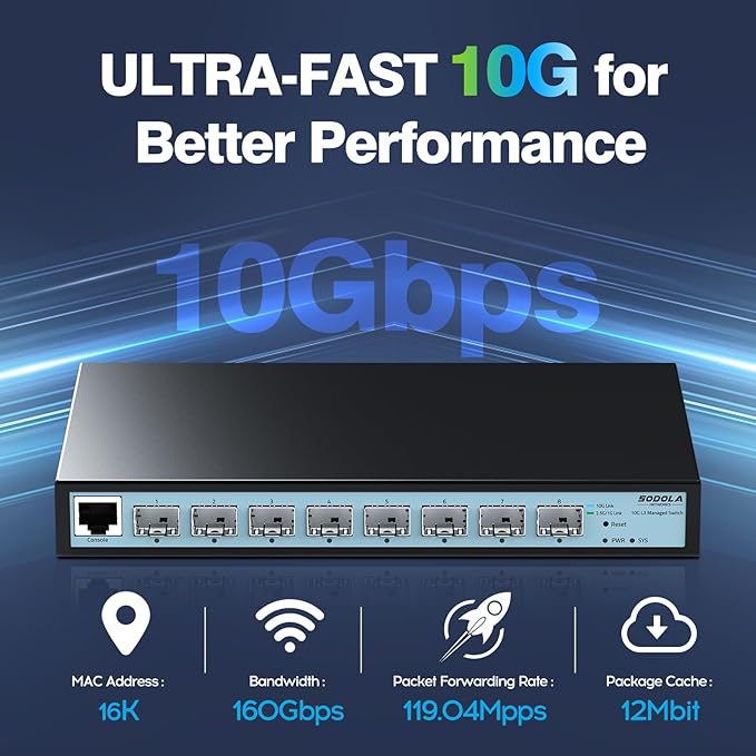 8 Port 10G L3 Managed Switch, 8X10G SFP+ Interface, Link Aggregation/QoS/VLAN/IGMP, Wall Mounted Fanless 10Gb SFP Network Switch（SFPPorts Only,Transceiver is NOT Included