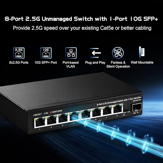 Binardat 8 Port 2.5G Unmanaged Switch, Metal Case, 10G SFP+, RJ-45 Base-T, Desktop/Wall-Mount, Multi-Gigabit Ethernet, for Home/Office Use