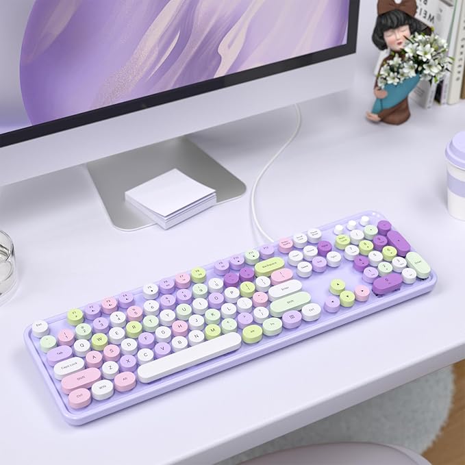 Colorful Computer Keyboards Wired, USB Plug and Play Full Size Typewriter Keyboard, Cute Aesthetic Keyboard with Foldable Stands for Windows PC Laptop (Purple)