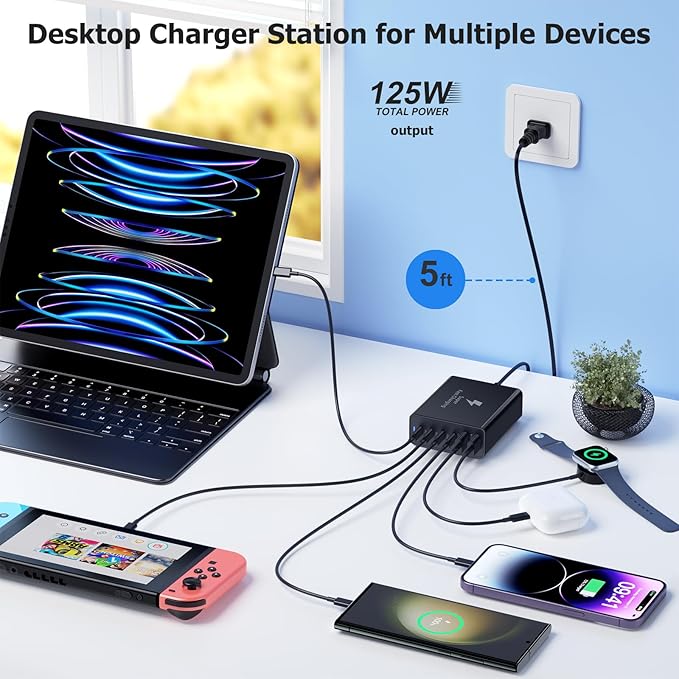 USB C Charger Block, Costyle 125W 6 Port Super Fast Charger Type C Charging Block Station Hub Multiport USB C Wall Charger Power Adapter for Samsung S25 S23 S24 Ultra S22 S21 Z Fold Flip,Tab S10+/S9