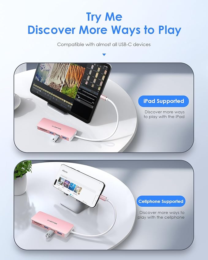 LENTION USB C Hub, 5-in-1 USBC Multiport Adapter with 3 x Powered USB 3.0 Ports 5Gbps, SD/TF Card Reader, for MacBook Pro/Air, iPad, Surface, iPhone 15 & More, Stable Driver 3.0, Rose Gold (CB-C15)