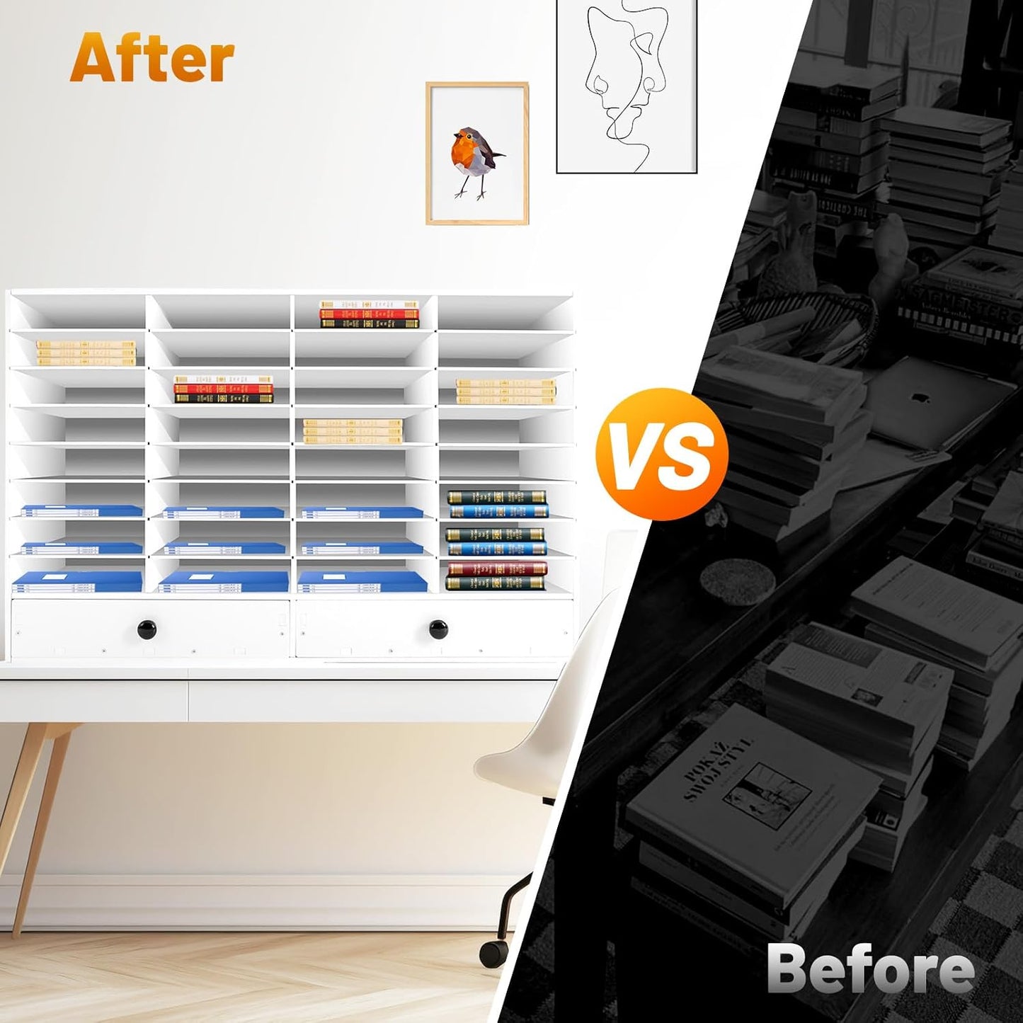 Adjustable Literature Organizer, 32 Slots File Folder Organizer Storage Rack Desktop Letter Office Cabinet 32 Compartment with 2 Drawers Paper Storage Cabinet for Classroom (32+2-Slot-White)