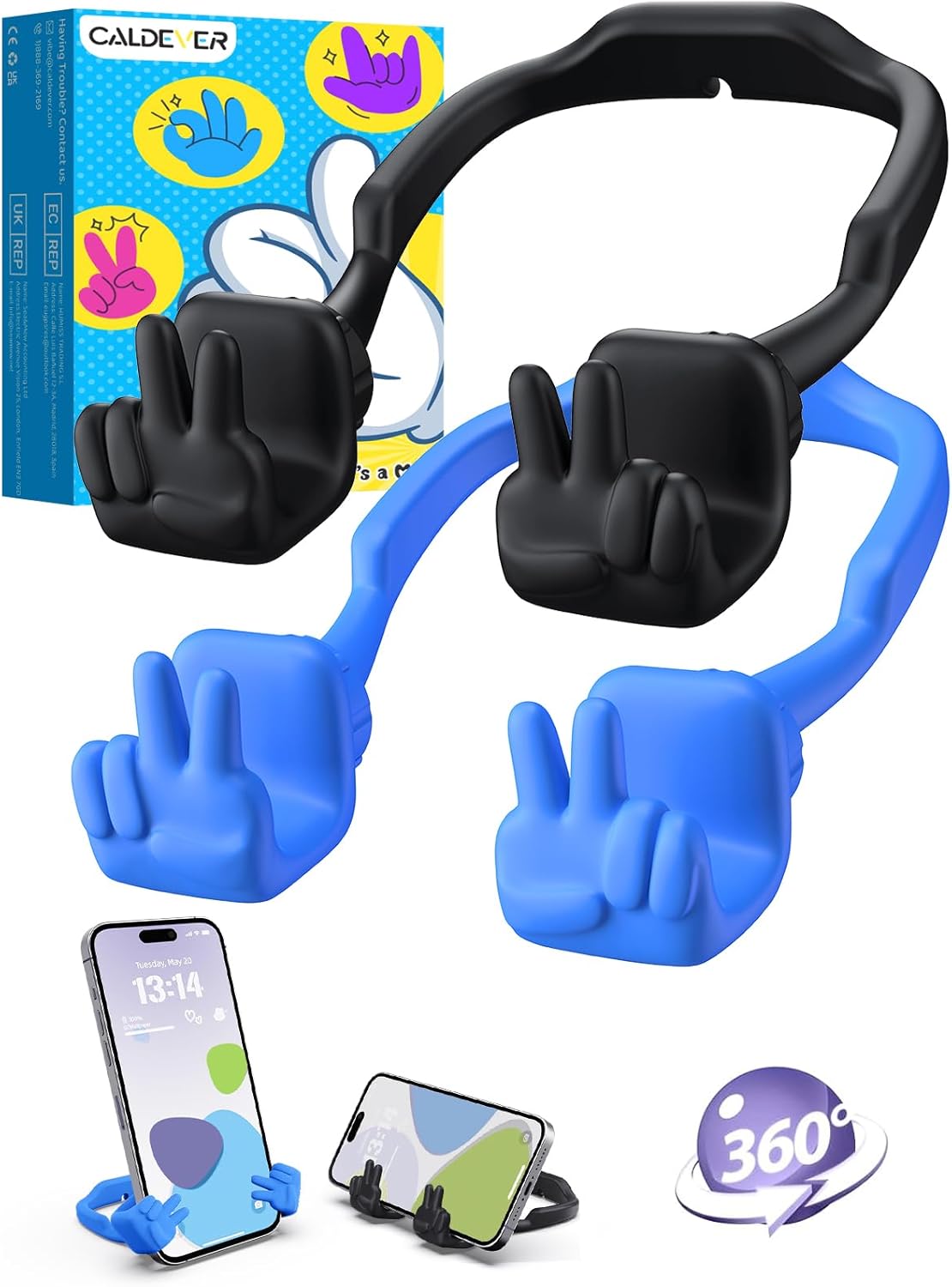 Stocking Stuffers for Teens Boys Girls Kids Cell Phone Stand: 2 Pack Upgrade Adjustable Peace Sign Thumbs Lazy Phone Holder for Desk Cool Gadgets Birthday Gifts for Women Men Adults (Black&Blue)