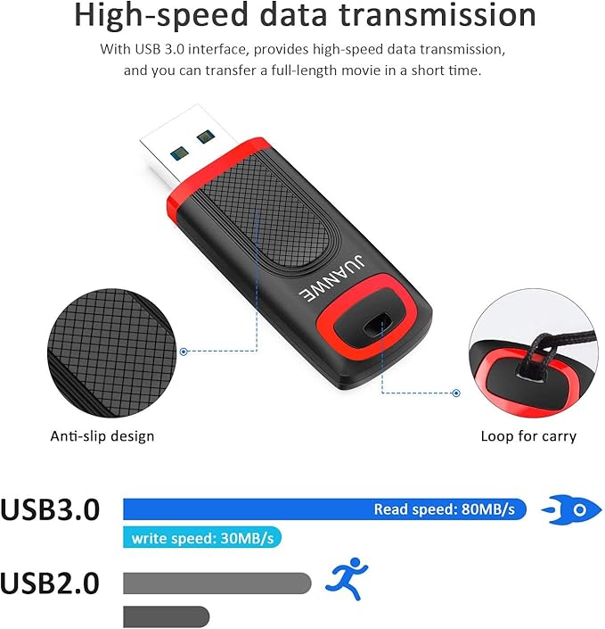 128GB USB 3.0 Flash Drive, JUANWE USB Stick Thumb Drive Memory Stick 3.0 High Speed Jump Drive Portable Pen Drive with LED Indicator for PC Laptop Backup Storage Data(Red-Black)